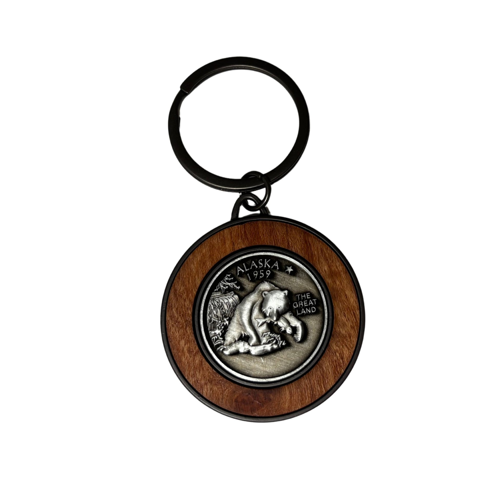 Keychain with wooden border and bear design 