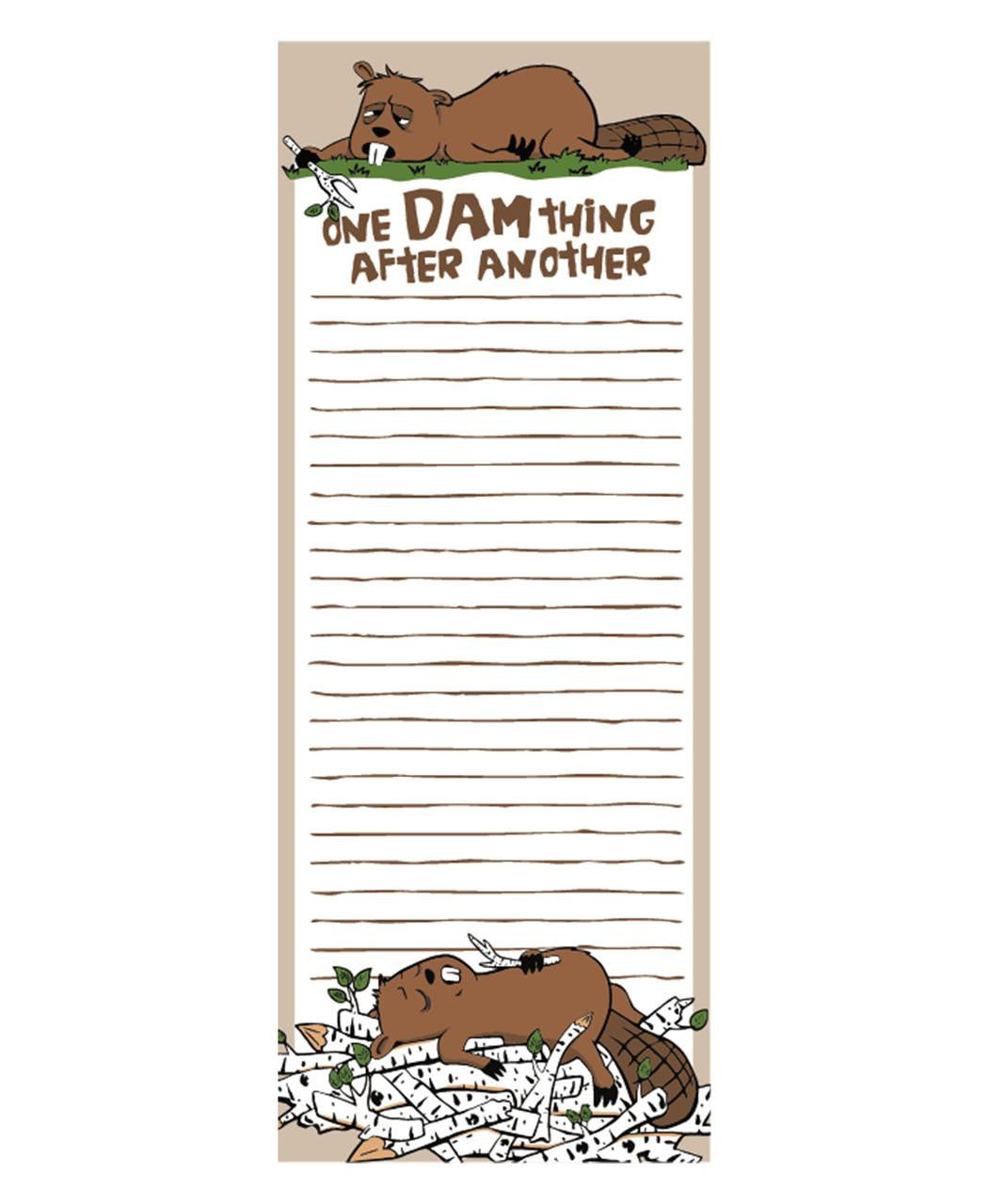 Notepad with cartoon beavers and text 'One Dam Thing After Another' on a beige background