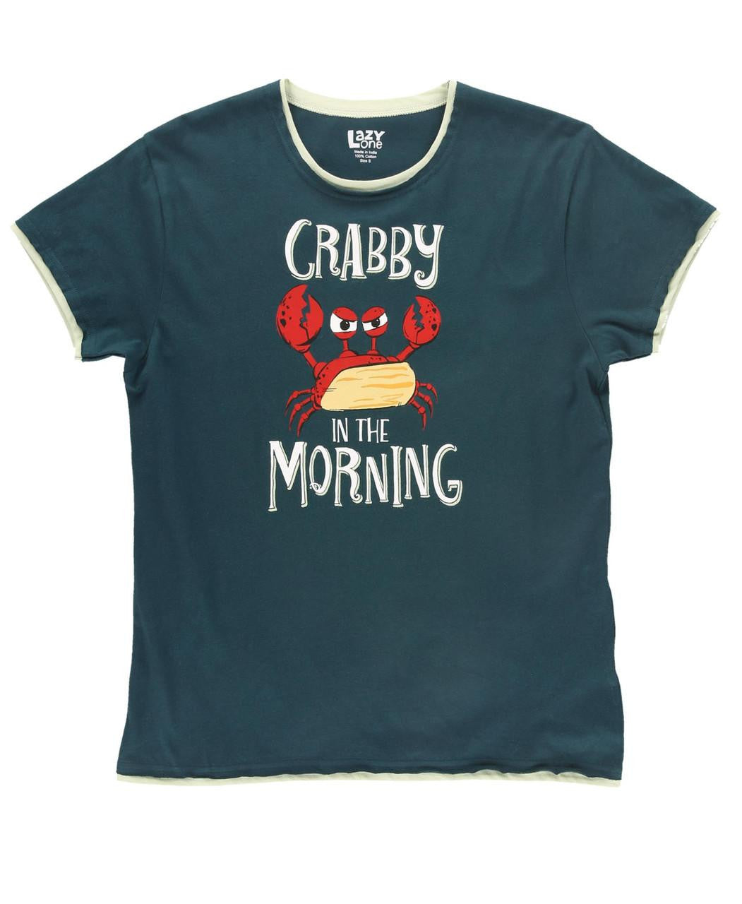 Blue t-shirt with a red crab graphic and 'Crabby in the Morning' text 