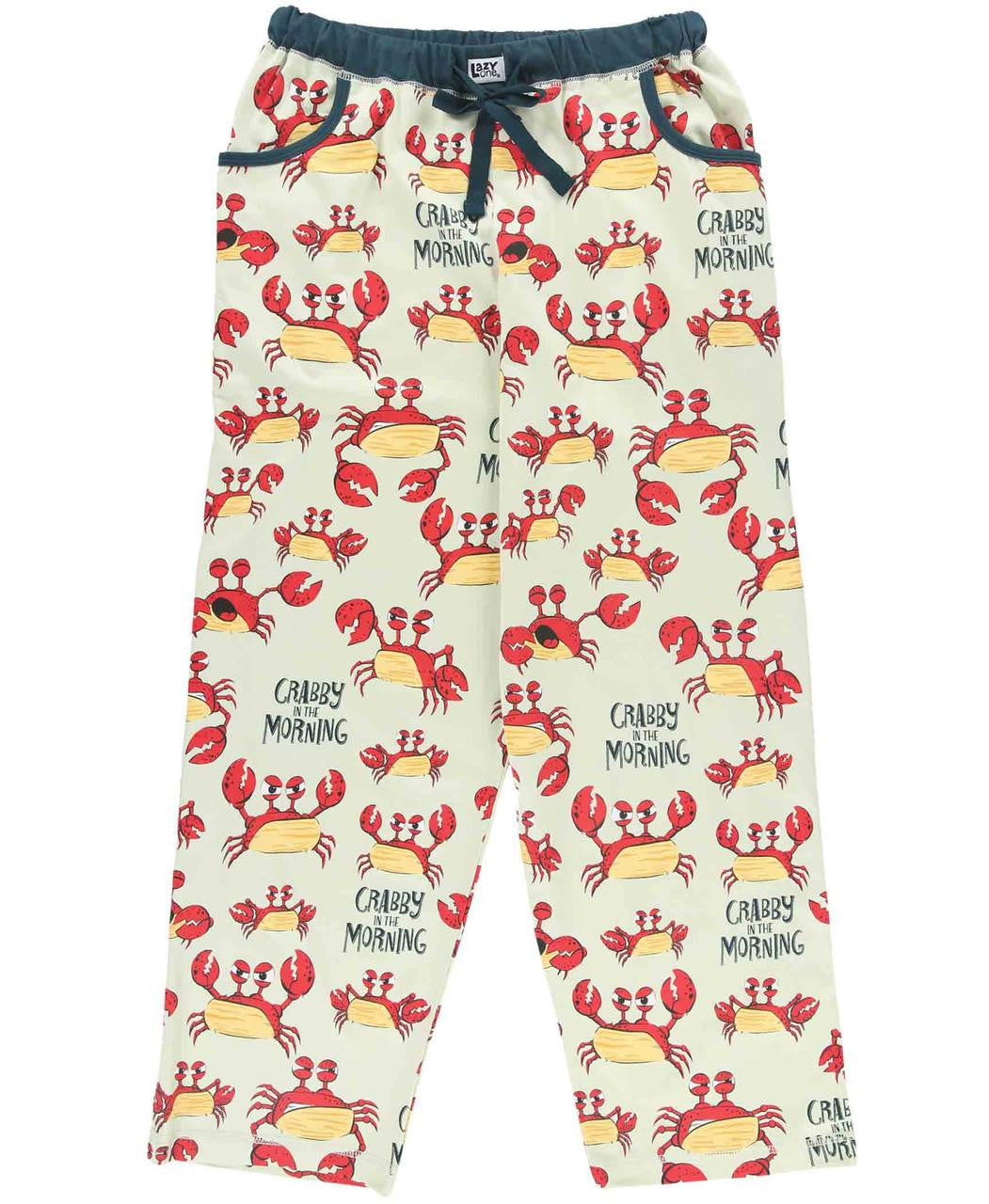 Women's funny pajama pants with crab pattern with "Crabby In the Morning" Text