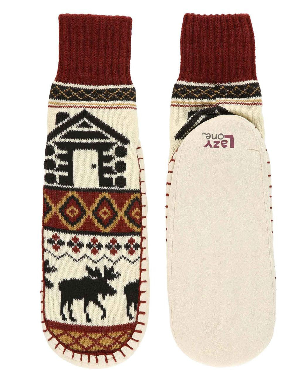 Pair of mukluks with a pattern featuring a cabin and moose, on a white background.