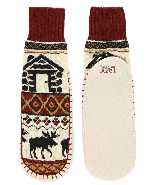 Pair of mukluks with a pattern featuring a cabin and moose, on a white background.