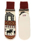 Pair of mukluks with a pattern featuring a cabin and moose, on a white background.