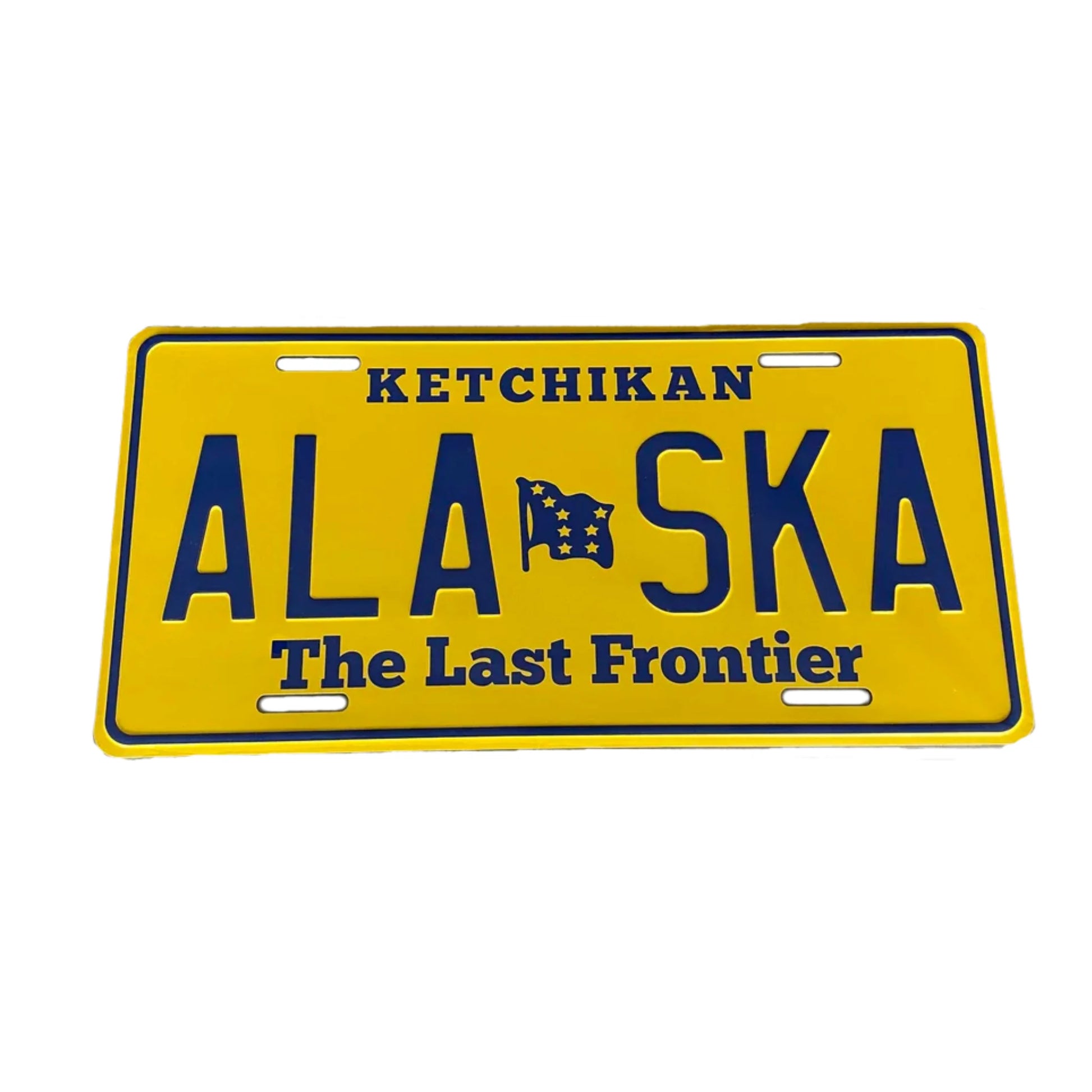Yellow Alaska license plate with blue text and a flag symbol