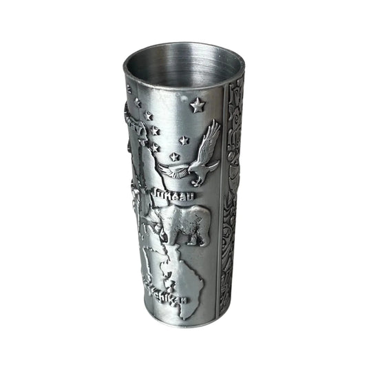Silver Shot glass with bear and eagle design and Alaska map