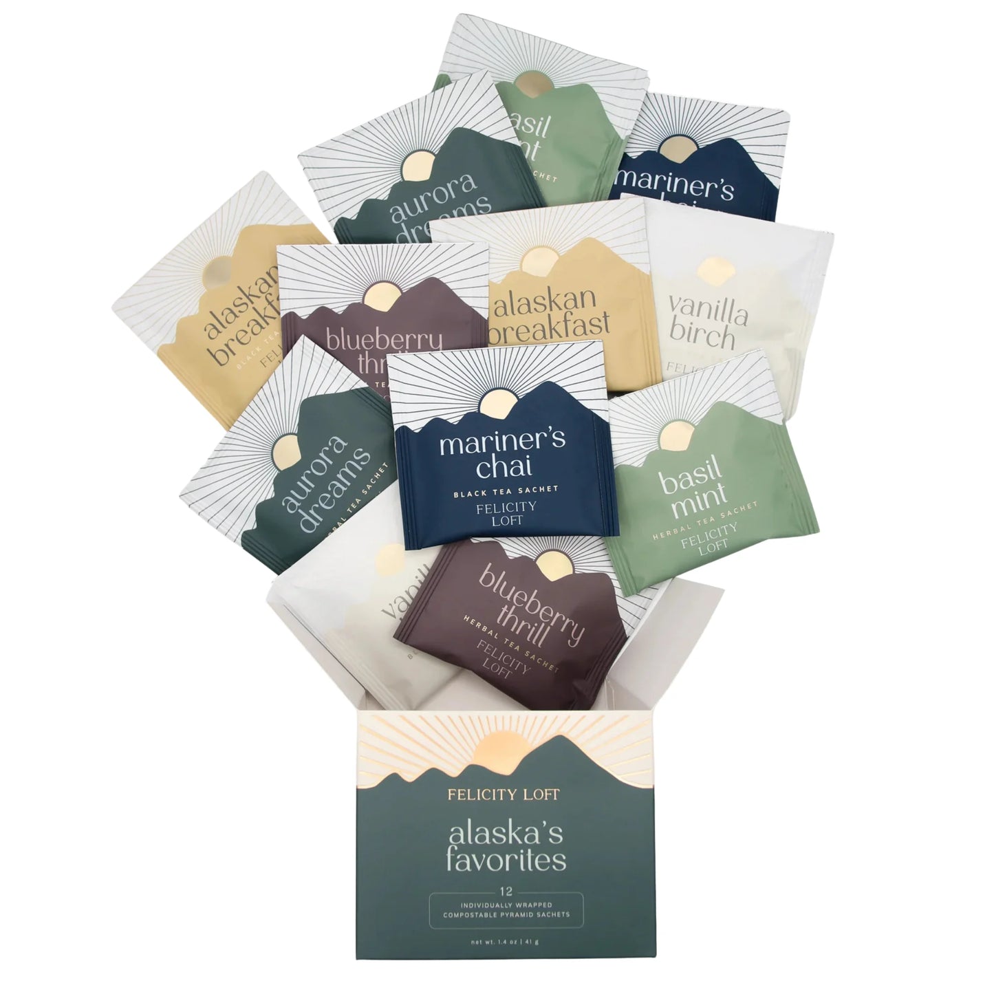 Collection of tea packages with various flavors displayed on a white background