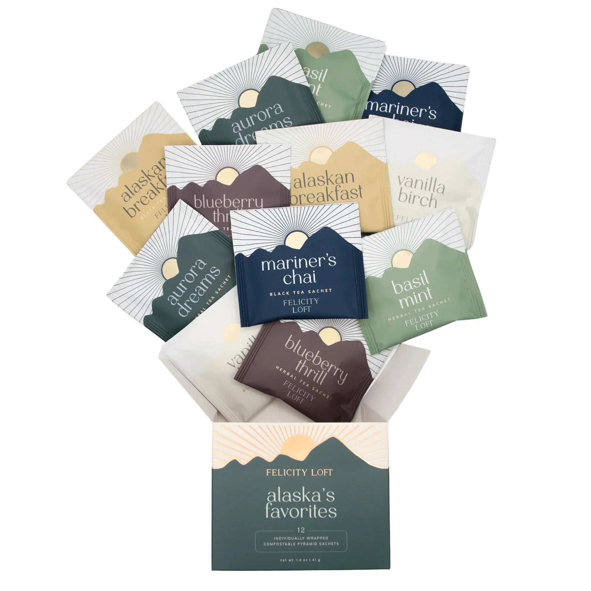 Collection of tea packages with various flavors displayed on a white background