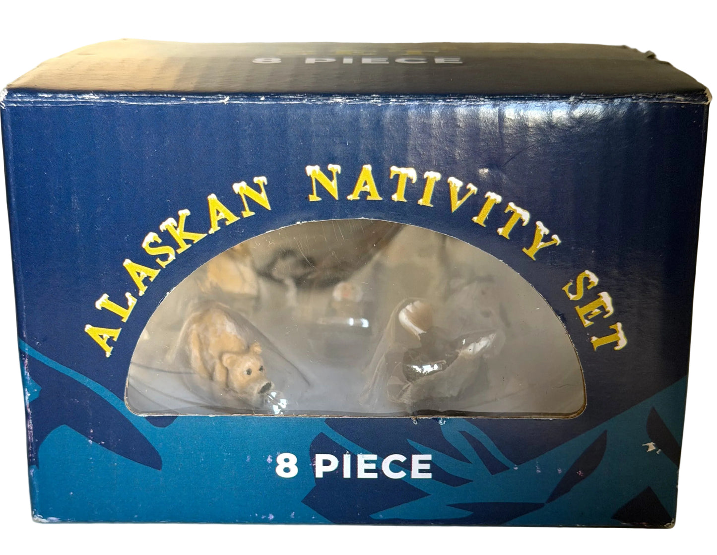 Boxed Alaskan Nativity Set with 8 pieces on a white background