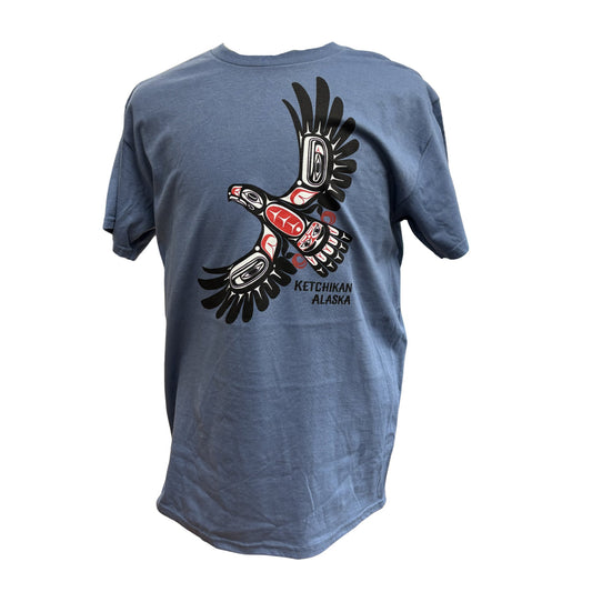Blue t-shirt with a graphic design of an eagle and 'Ketchikan Alaska' text on a white background