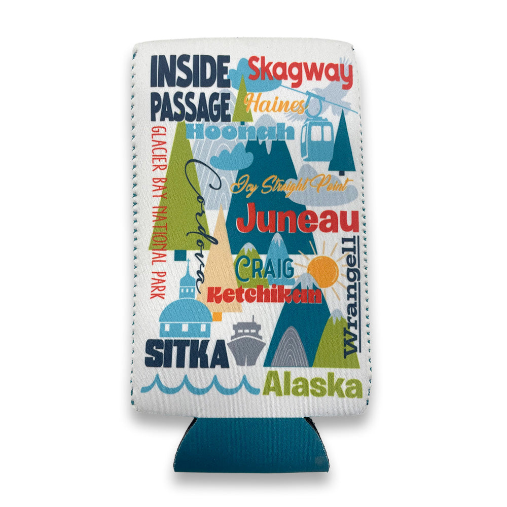 Koozie with Alaska-themed design featuring cities and natural landscapes on a white background