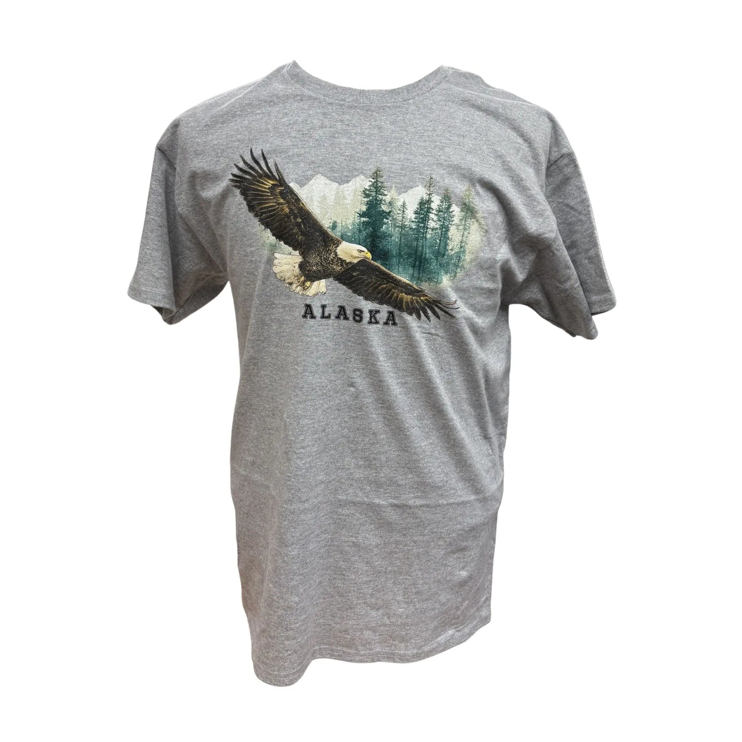 Gray t-shirt with an eagle and 'Alaska' graphic on a white background