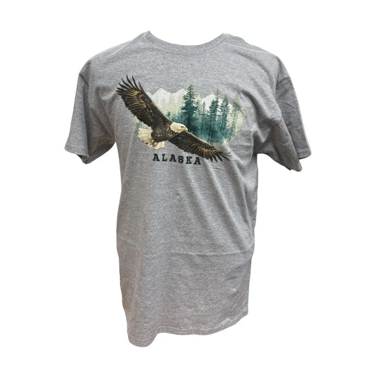 Gray t-shirt with an eagle and 'Alaska' graphic on a white background