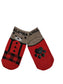 Red and brown Alaska-themed socks with paw prints on the back and a cute bear face on the front on a white background