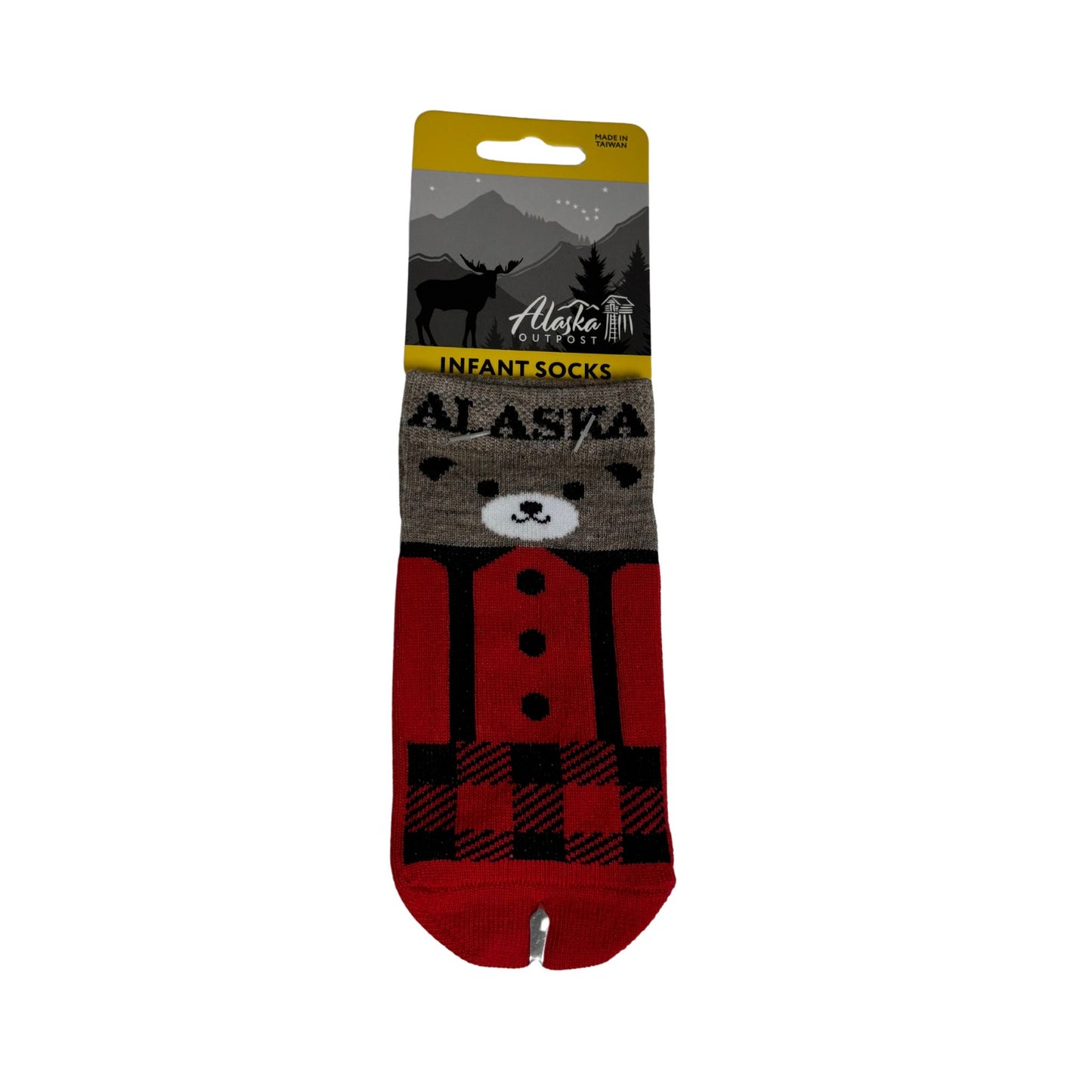 Packaged infant sock with bear design and 'Alaska' text on a white background