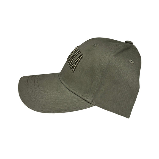 Green baseball cap with a logo on a white background