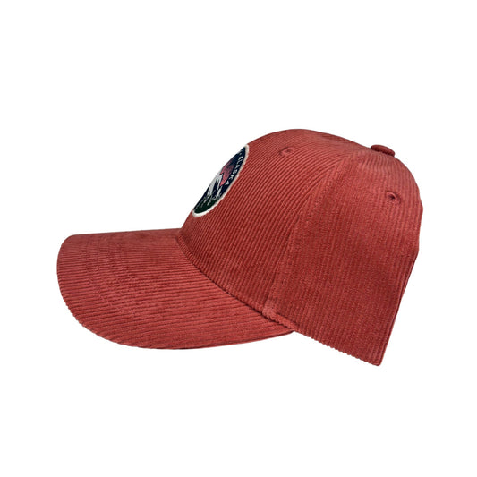 Red cap with a logo 