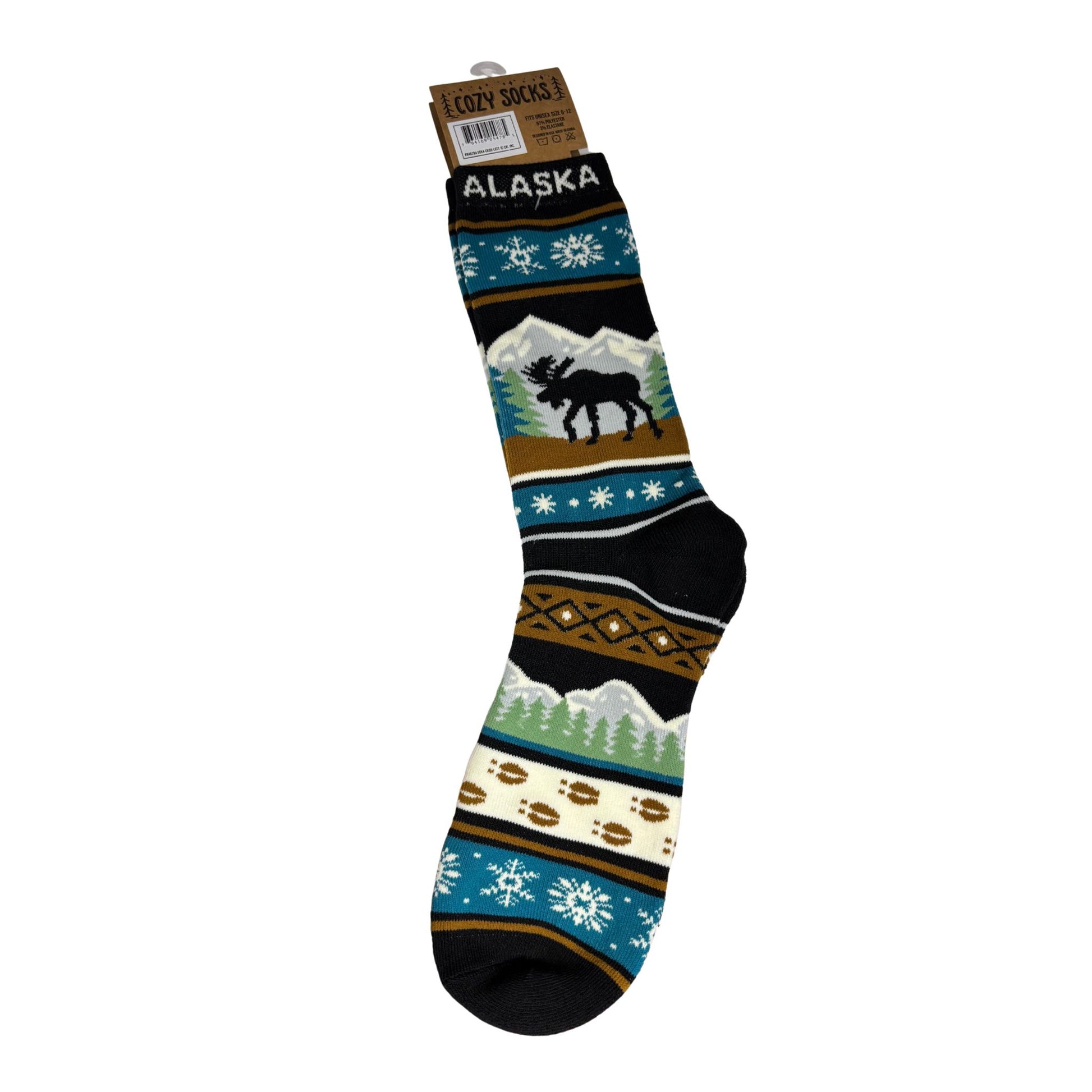 Colorful sock with nature-themed design and 'Alaska' text on a white background