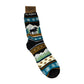 Colorful sock with Alaska design and 'Cozy Socks' branding on a white background