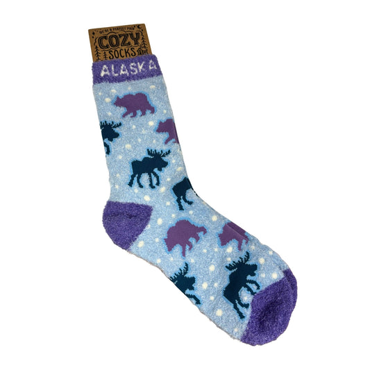 Sock with moose and bear designs, labeled 'Alaska'.