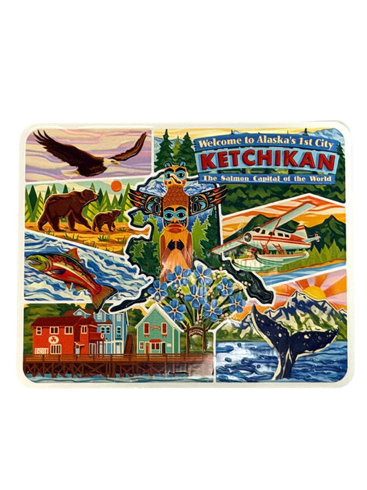 Colorful magnet with Ketchikan, Alaska-themed graphics including bears, eagles, and a totem pole.