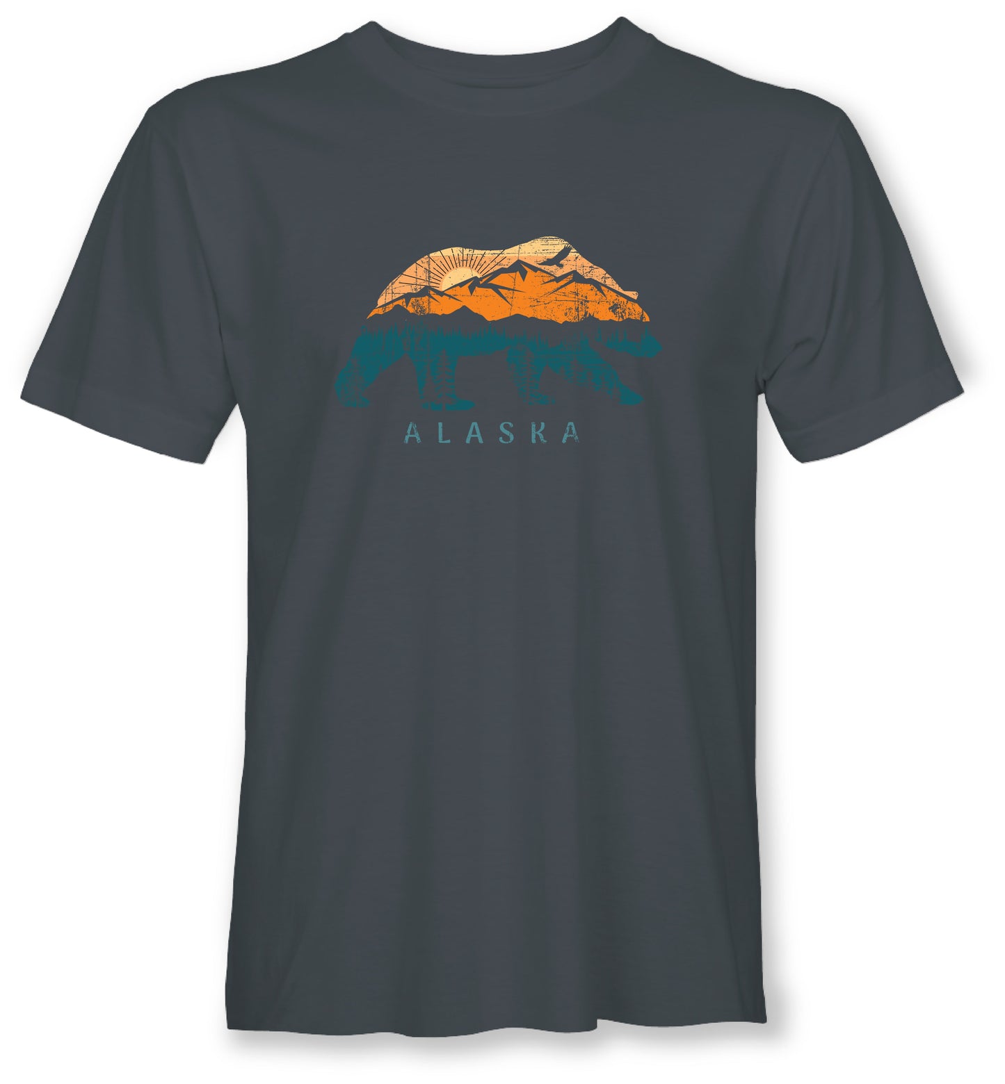 Gray t-shirt with orange and blue bear graphic design on a white background