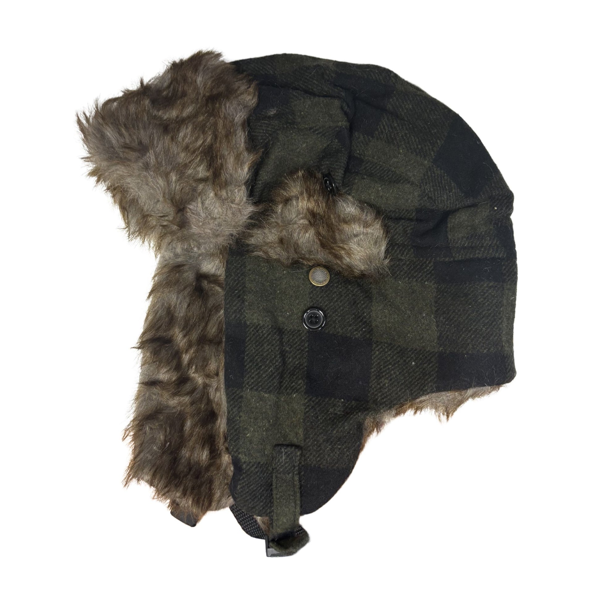 Green plaid hat with fur trim on a white background