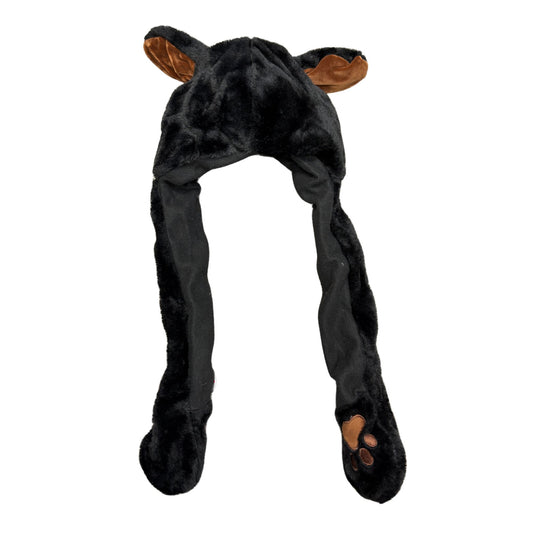 Black plush animal hat with brown accents on a white background