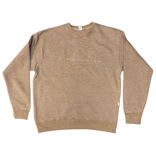 Brown sweatshirt with 'ALASKA' text on a white background