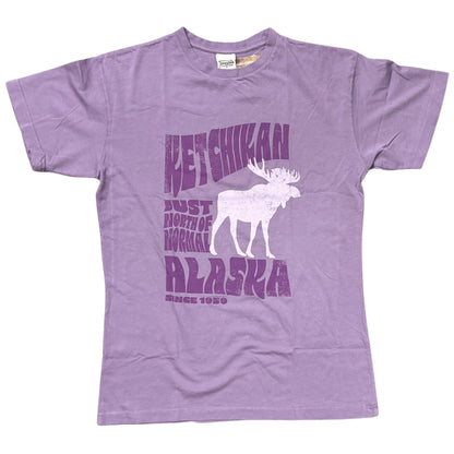 Purple t-shirt with a moose graphic and text on a white background