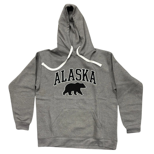 Gray hoodie with 'Alaska' and a bear graphic on a white background