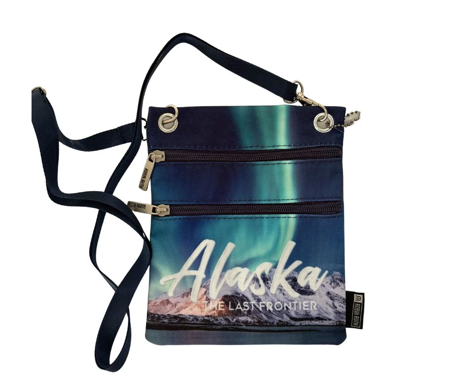 Passport bag with Northern Lights design and "Alaska the Last Frontier" 