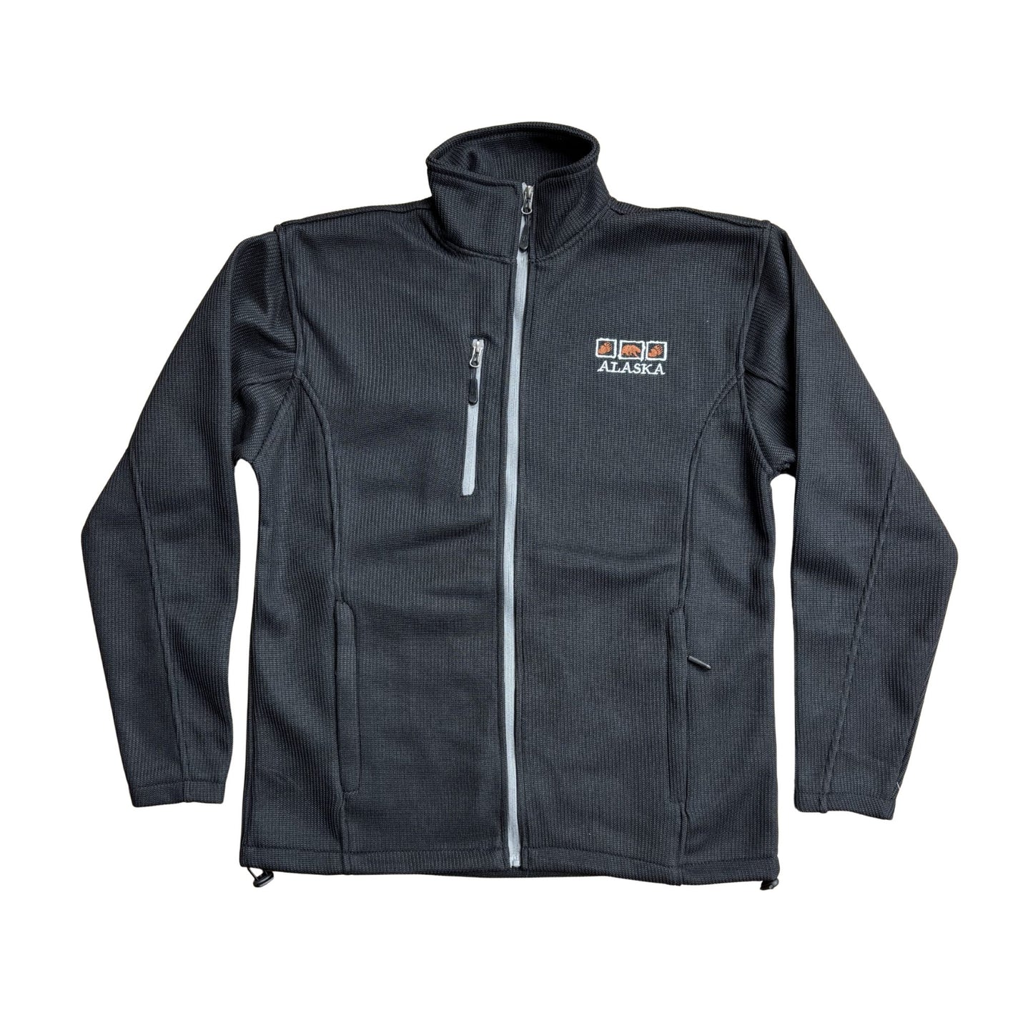 Black zip-up jacket with an Alaska logo 