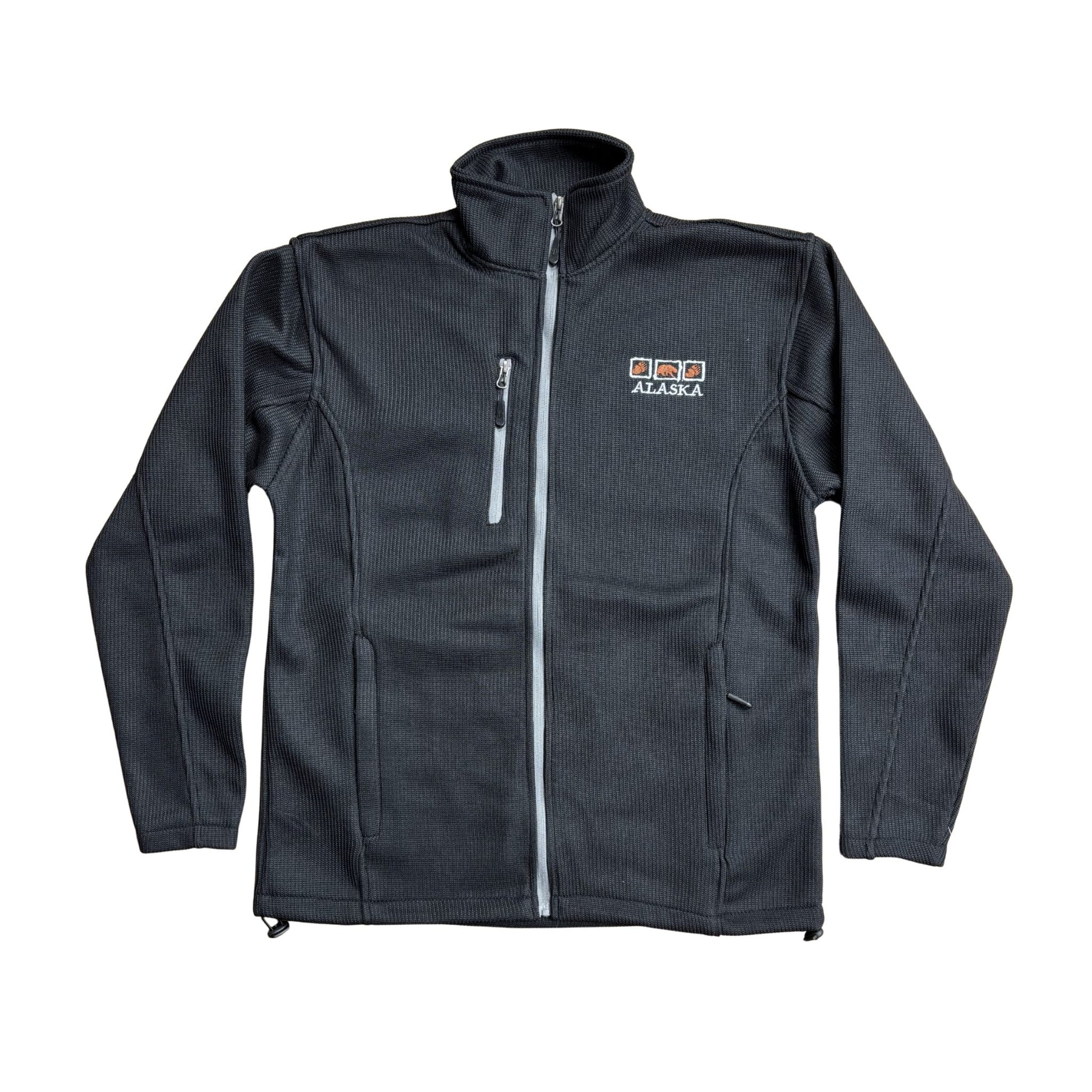 Black zip-up jacket with an Alaska logo 