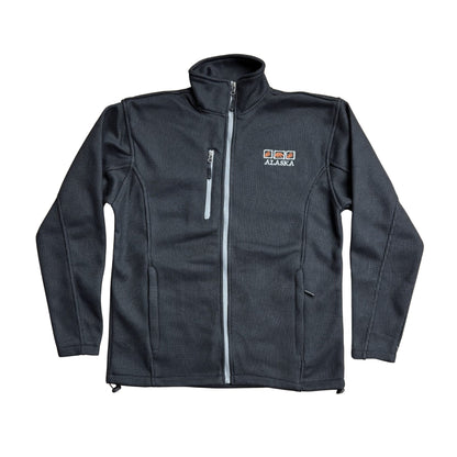 Black zip-up jacket with an Alaska logo 