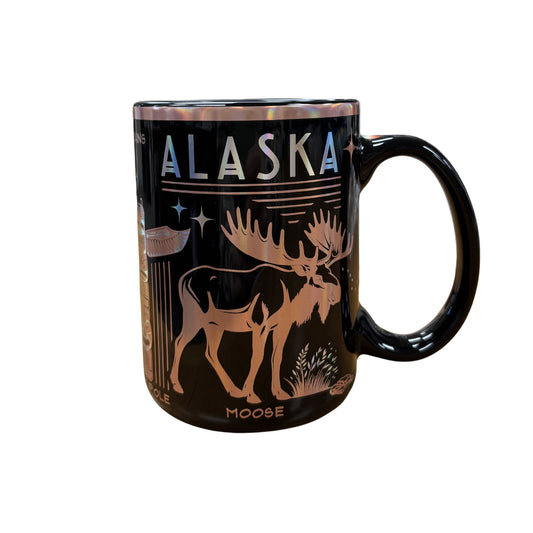 Black mug with 'Alaska' and moose design on a white background