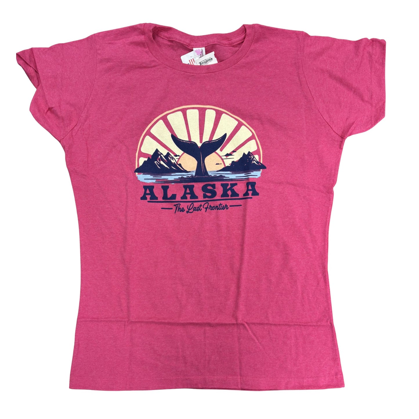 Pink t-shirt with Alaska graphic design on a white background