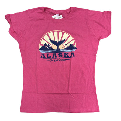 Pink t-shirt with Alaska graphic design on a white background
