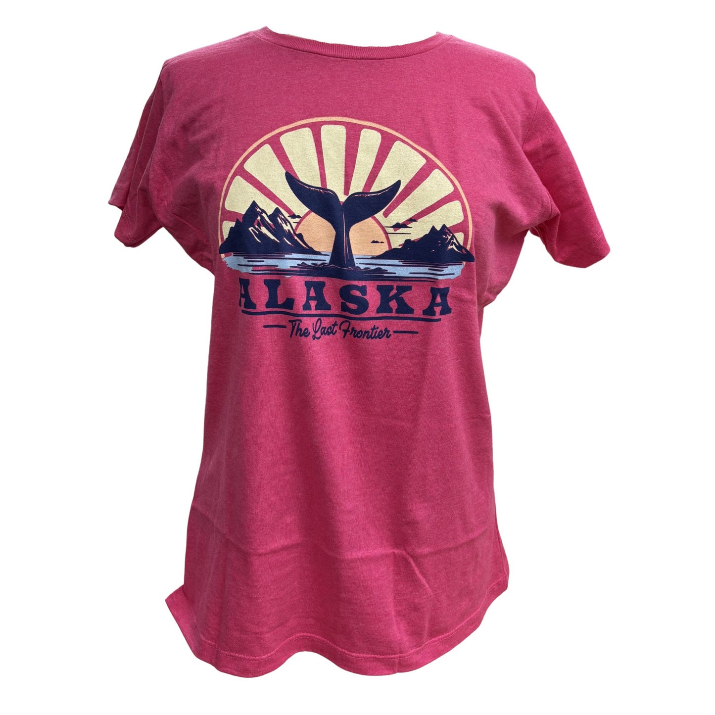 Pink t-shirt with Alaska graphic design on a white background