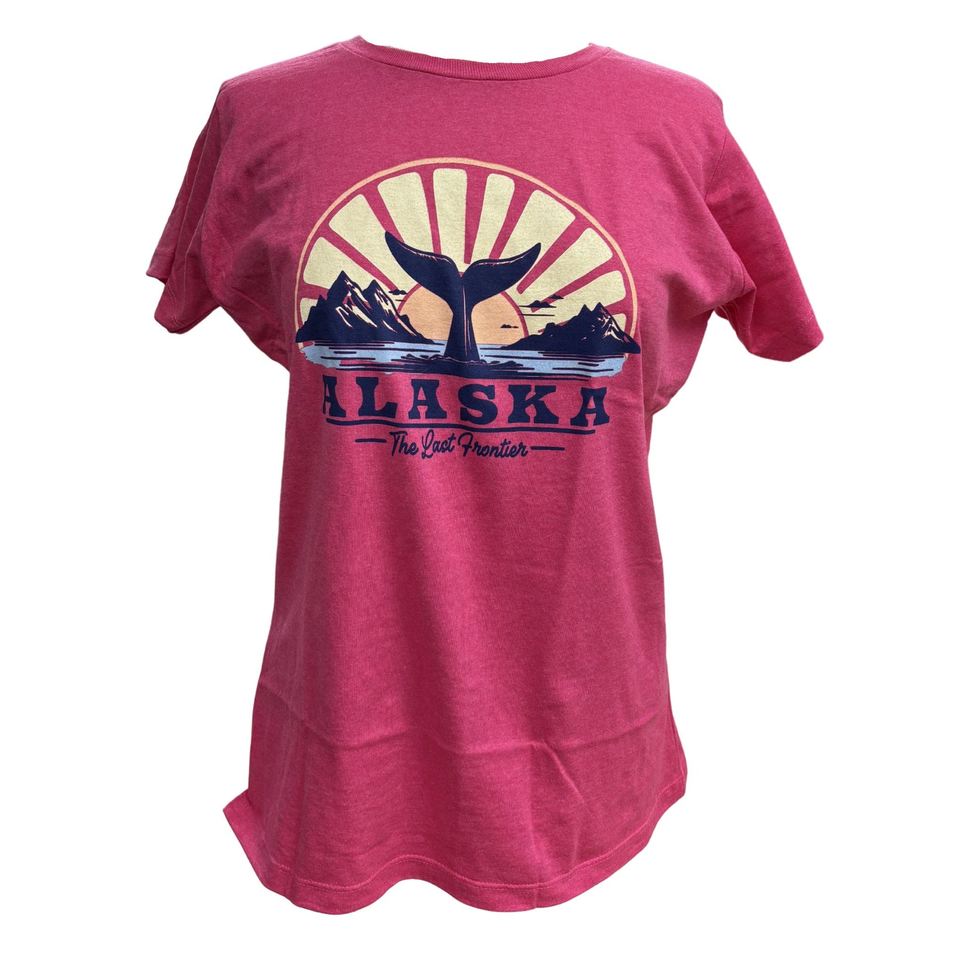 Pink t-shirt with Alaska graphic design on a white background