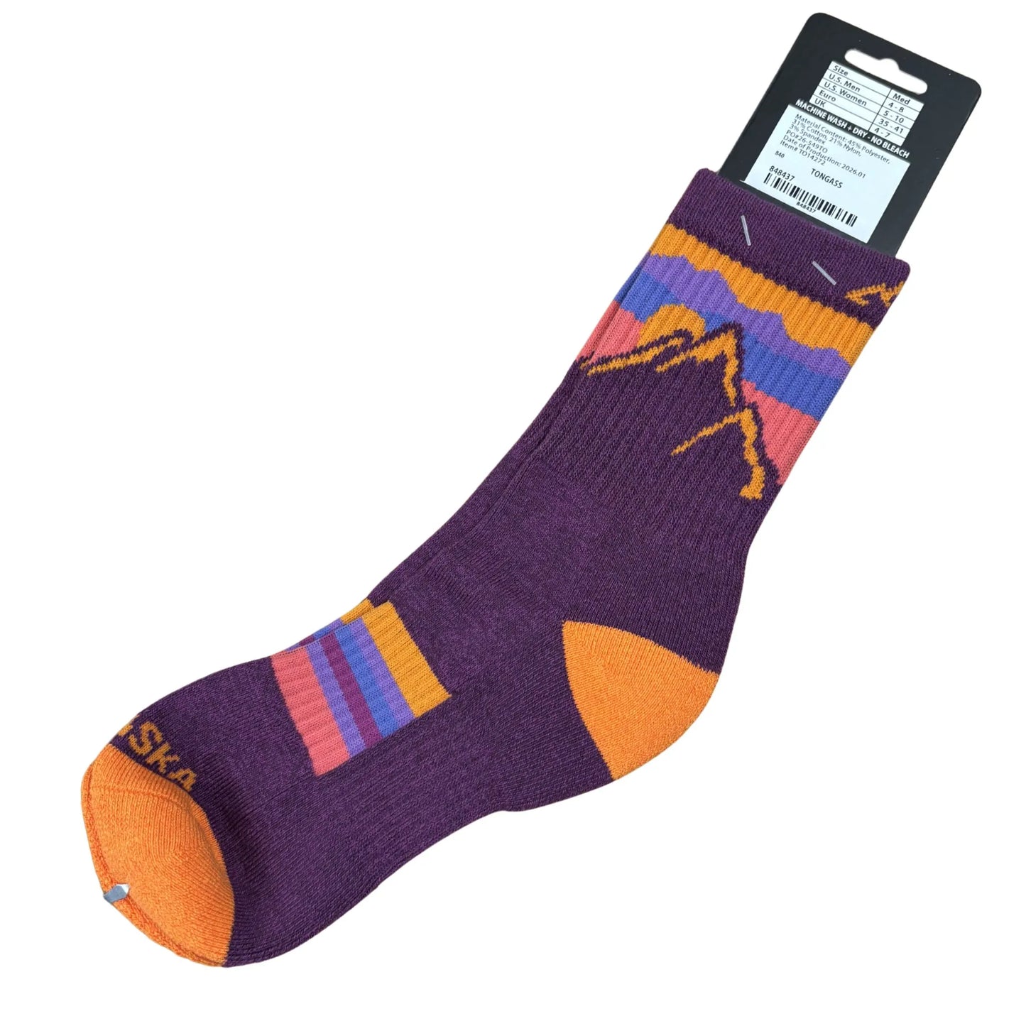 Colorful sock with brand label on a white background
