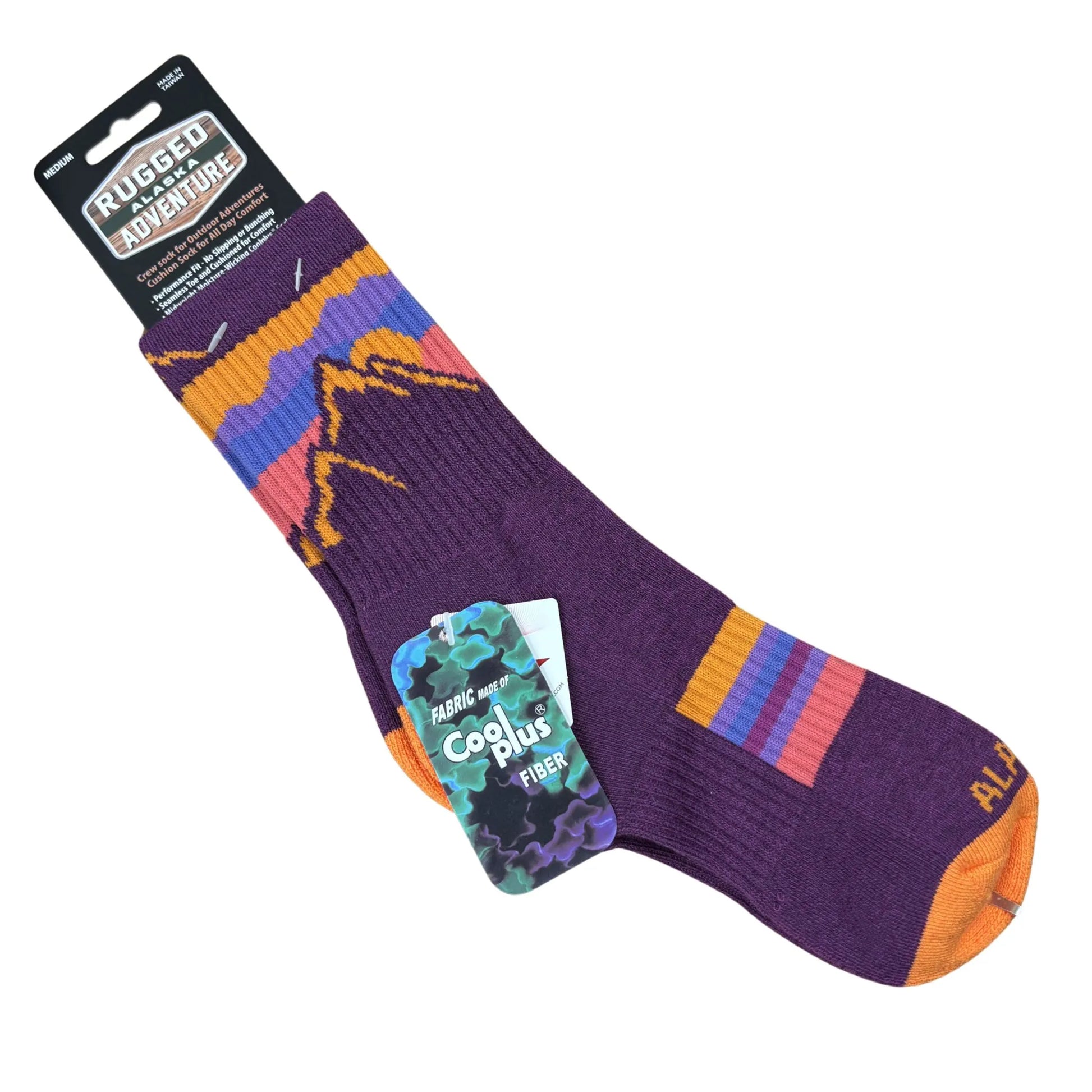 Purple sock with colorful patterns 