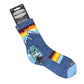 Blue sock with mountain design on a white background