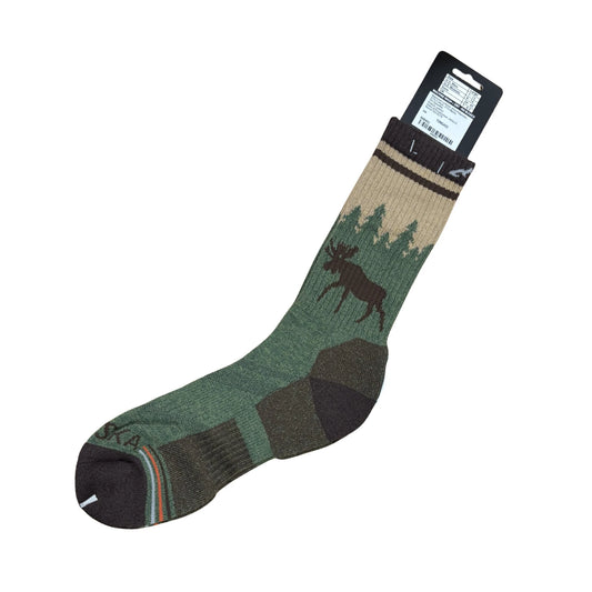 Green sock with moose and forest design on a white background