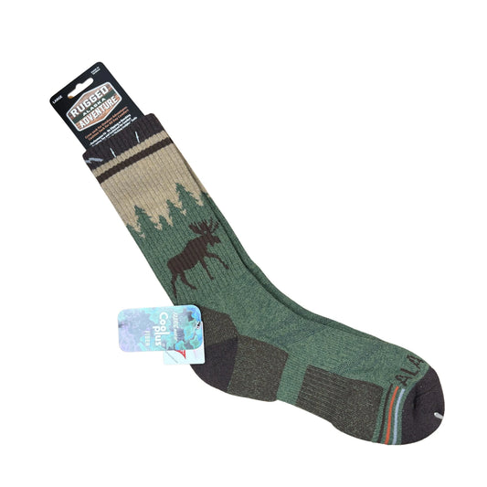 Green sock with moose design and packaging on a white background