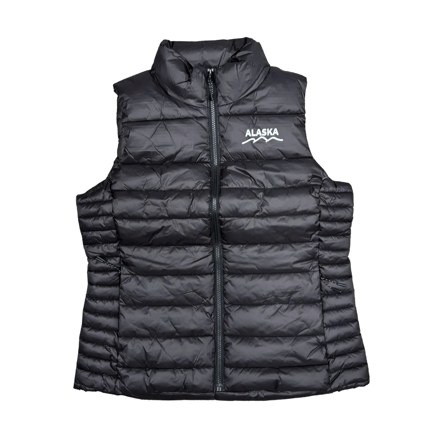 Black puffer vest with 'Alaska' logo on a white background