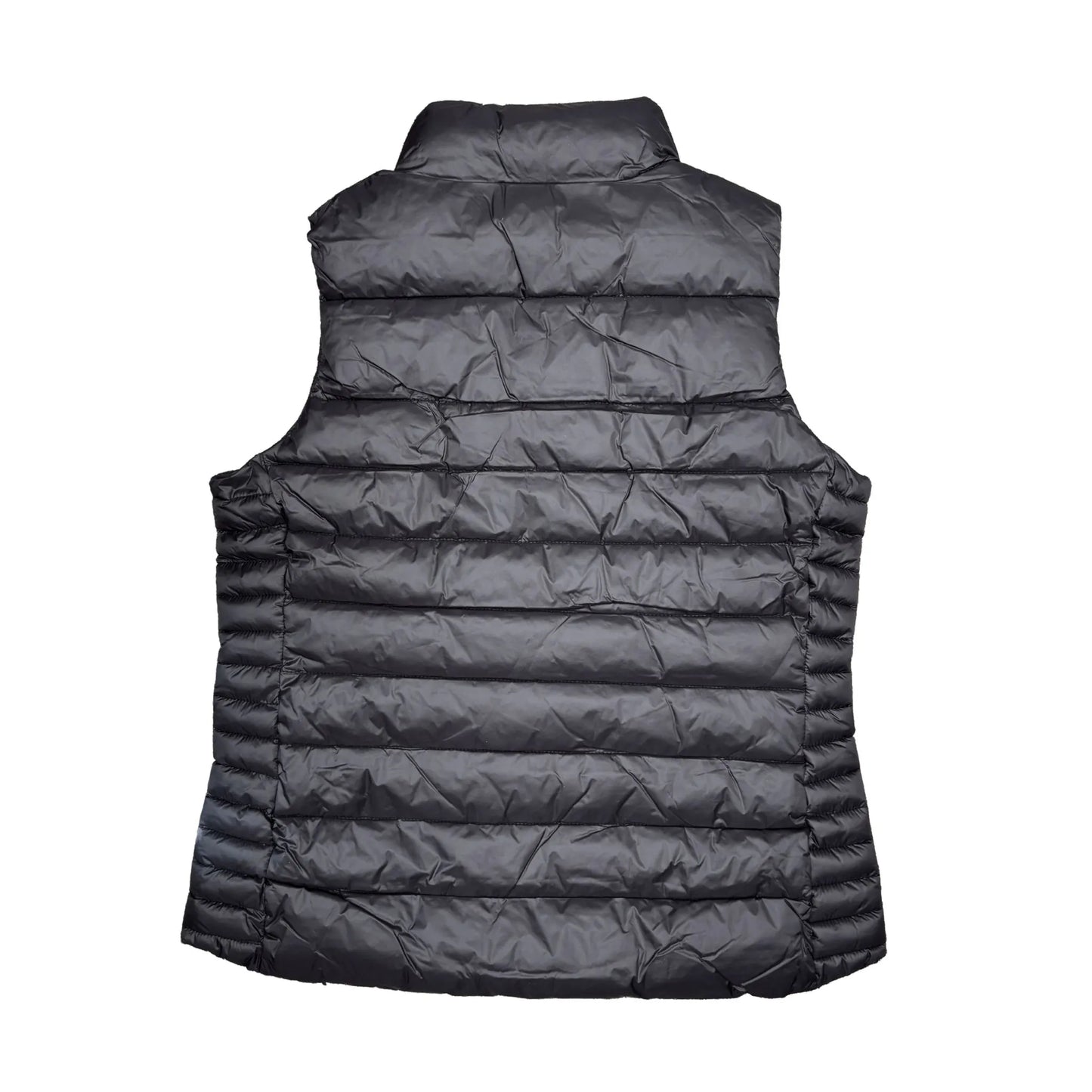 Black puffer vest on a white background