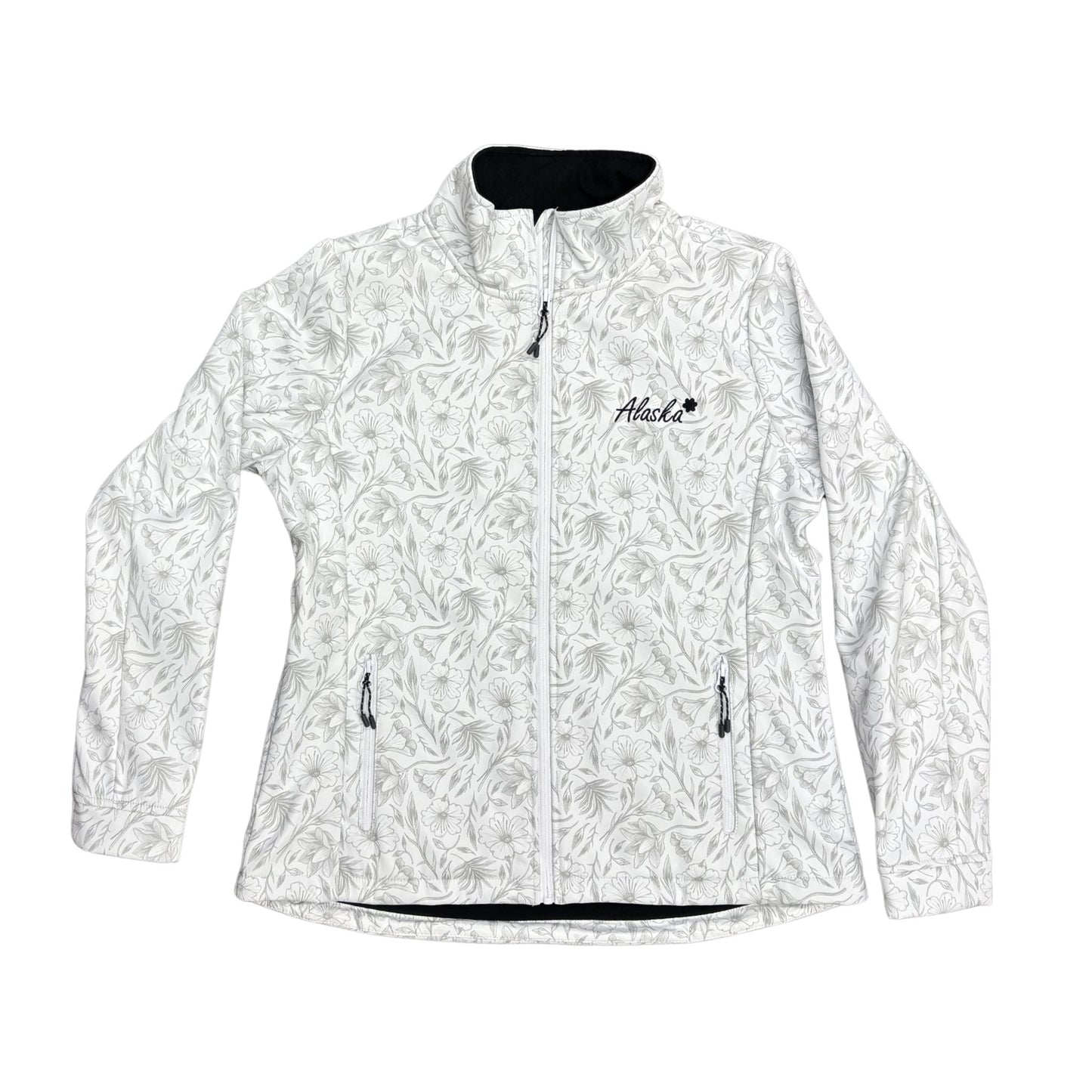 White jacket with black floral pattern on a white background