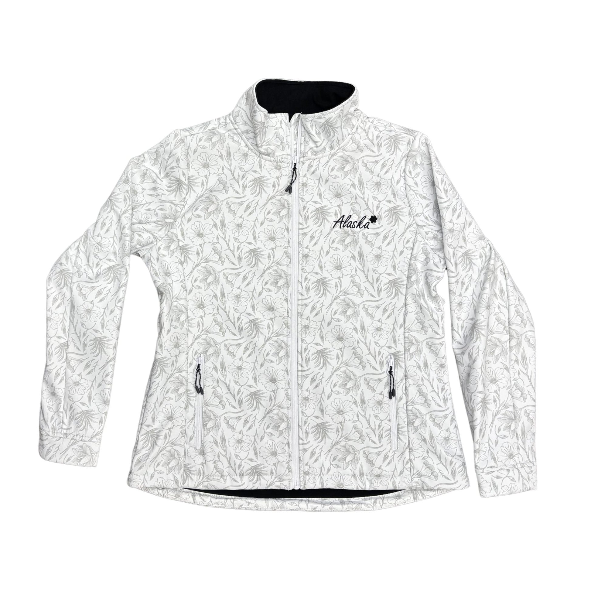 White jacket with black floral pattern on a white background