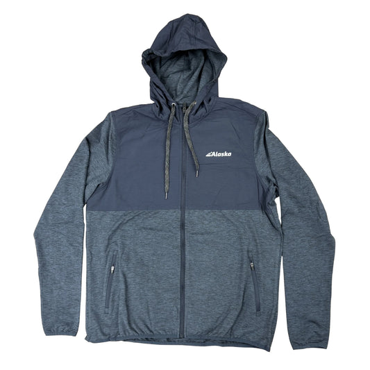 Blue and gray hoodie with 'Alaska' logo on a white background