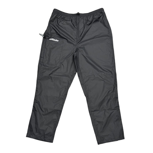 Black rain pants with a white Alaska Logo